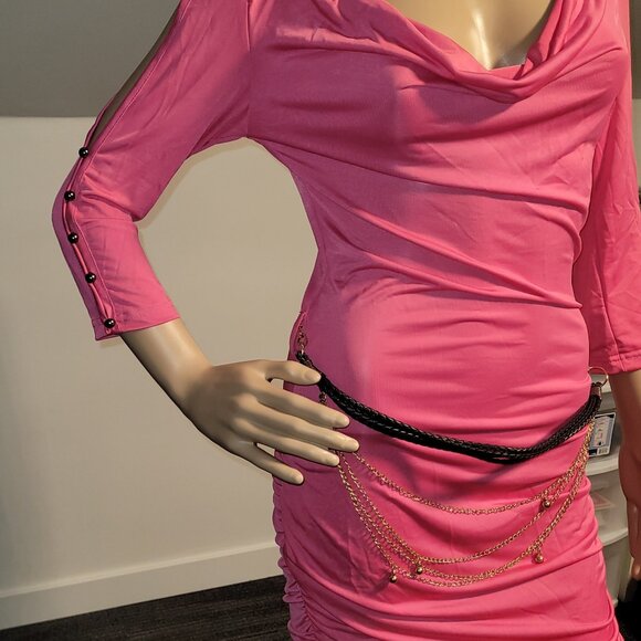 Sexy Women Pink Mini Stretch Dress with Gold Chain Accent Small SL2907 - Picture 3 of 8